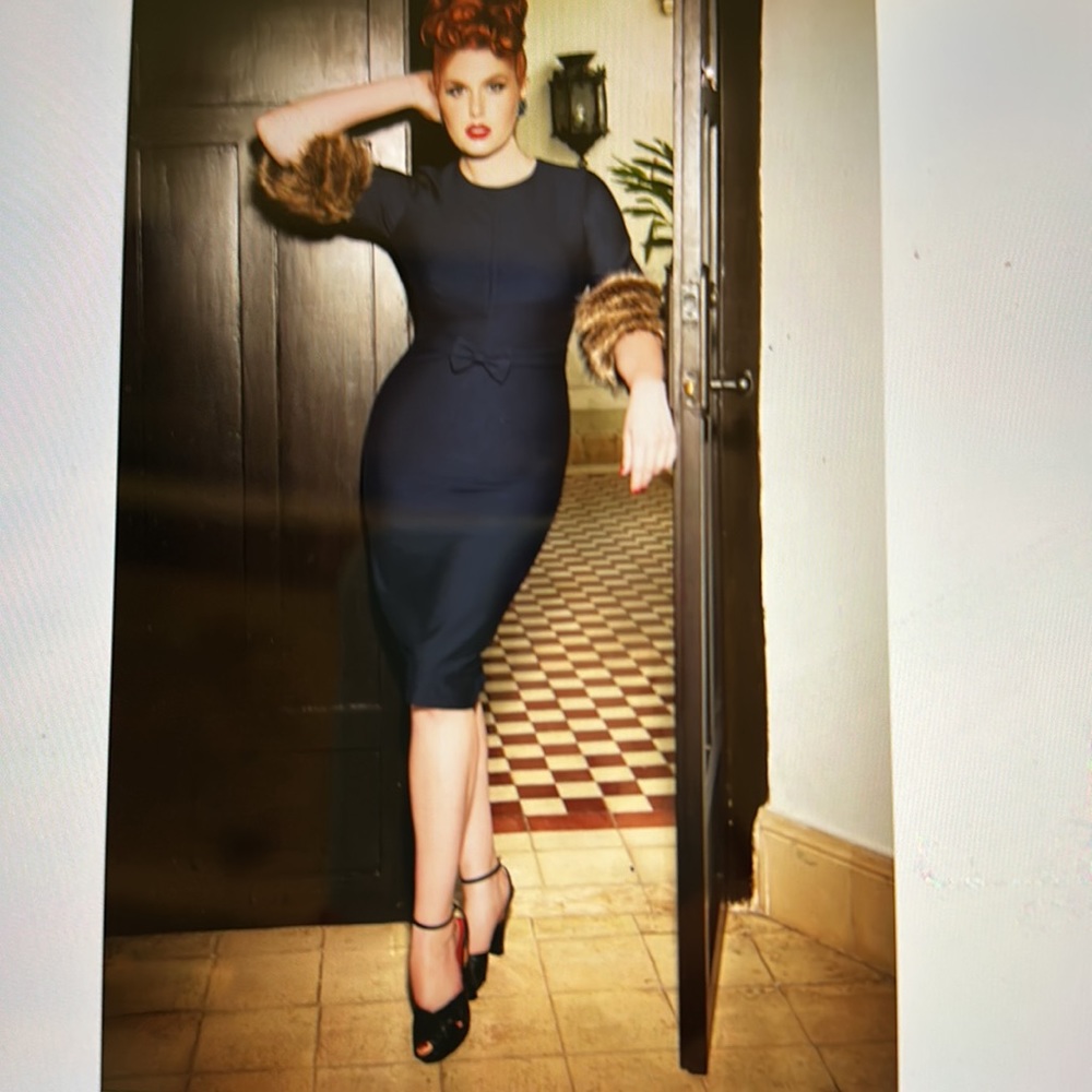 Vintage Femme Fatale Navy  Pencil dress with fur trim NWOT Jul2310